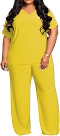 Womens Plus Size Lounge Set V-Neck 2 Piece Outfits Sweatsuits Tracksuit Short Sleeve Baggy Wide Leg Pant Sets