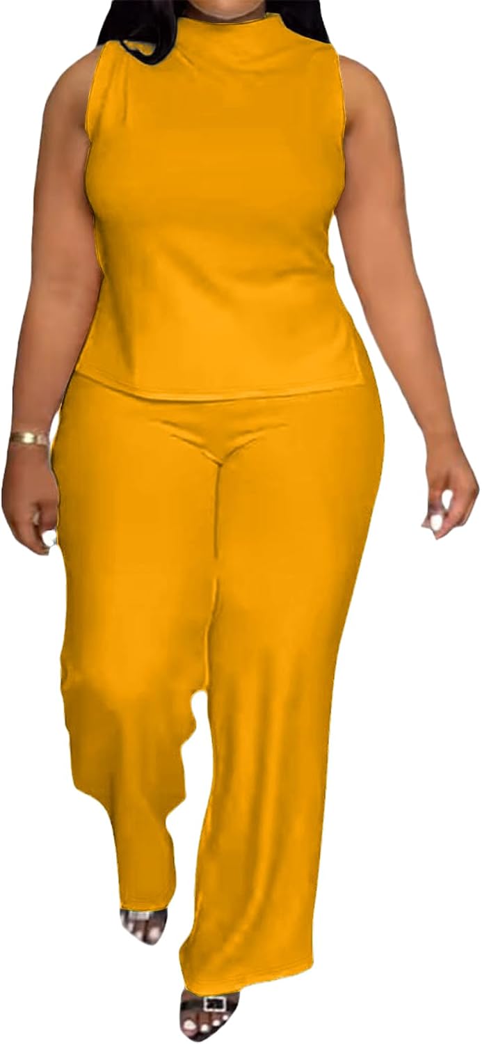 2 Piece Wide Leg Pants Set for Women Summer Casual Plus Size Sleeveless Shirt Long Pant Sets Sexy