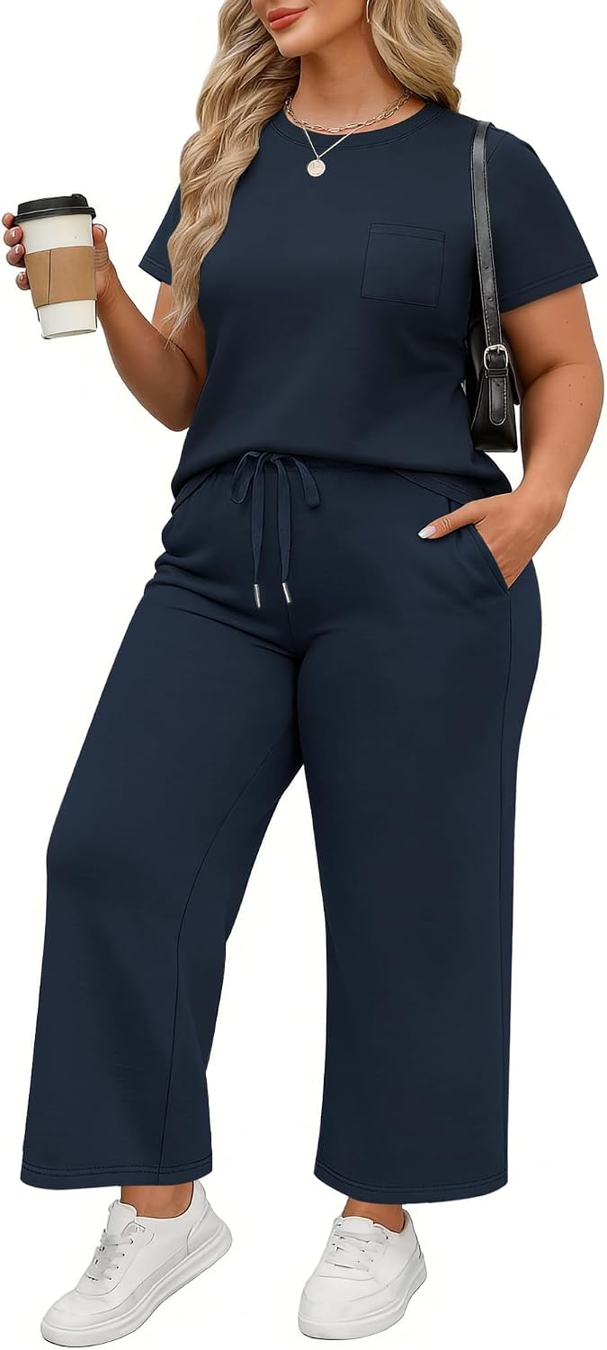 Plus Size 2 Piece Lounge Sets Women Casual Travel Vacation Sets Short Sleeve Wide Leg Matching Clothes