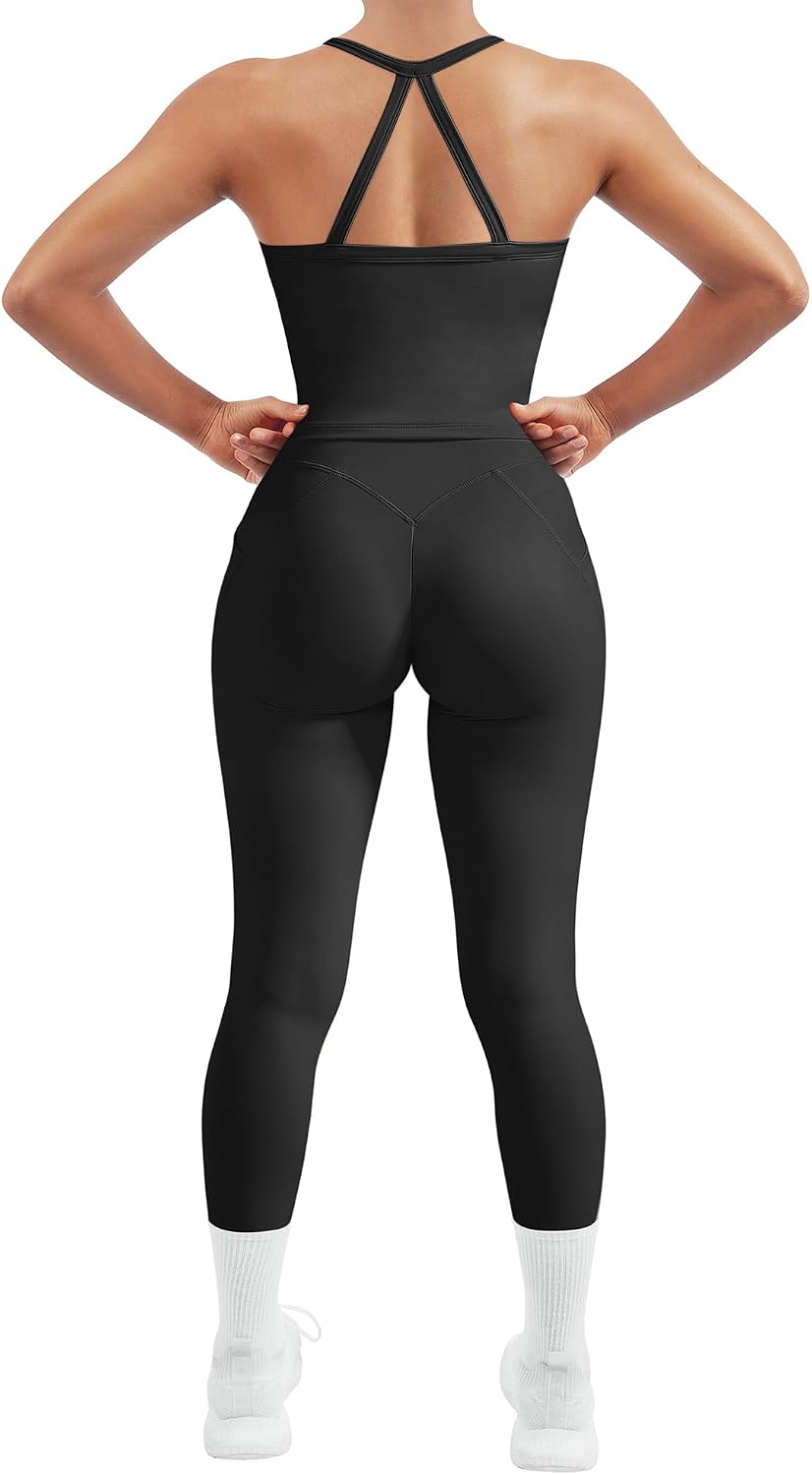 Women 2 Piece Workout Sets Compression Tummy Control Leggings with Pockets Halter Built in Bra Tank Tops