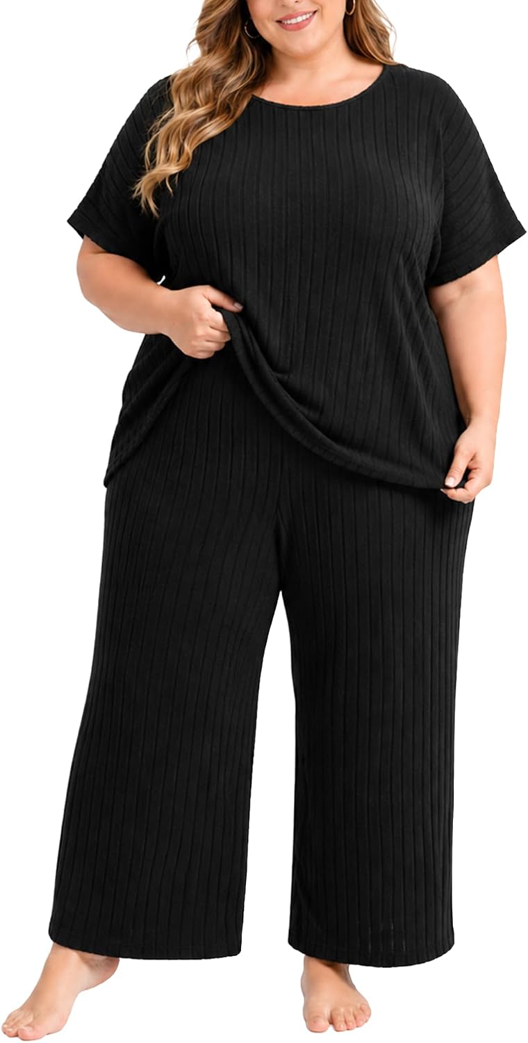 Plus Size Two Piece Summer Lounge Sets For Women Ribbed Matching Pajama Short Sleeve Tops Wide Leg Pants Outfits