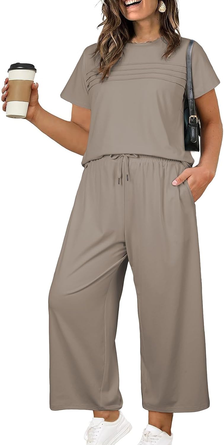 Plus Size Two Piece Sets for Women Casual Summer Outfits Short Sleeve Tops Wide Leg Pants Lounge Sweatsuits