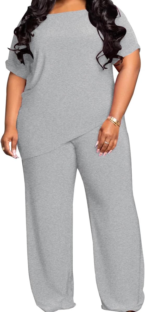 Womens Plus Size Two Piece Outfits Sweatsuits Casual Tracksuit Short Sleeve Loose Baggy Wide Leg Long Pants Sets