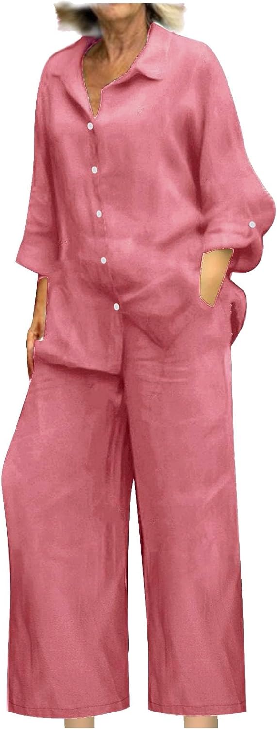 Button Down Long Sleeve Shirts Wide Leg Cotton Linen Pants Set Plus Size Matching Lounge Sets with Pockets Beach Vacation Outfits Clothing Linen Sets for Women 2 Piece Pink X-Large