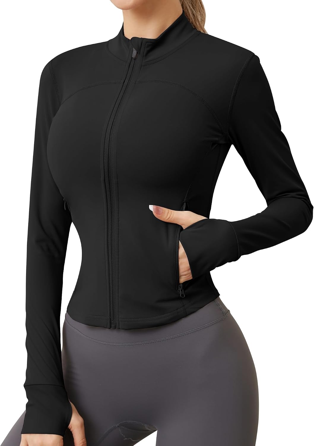 Womens Zip Up Workout Jackets Lightweight Athletic Slim Fit Track Jacket with Inner and Outer Pockets and Thumb Holes