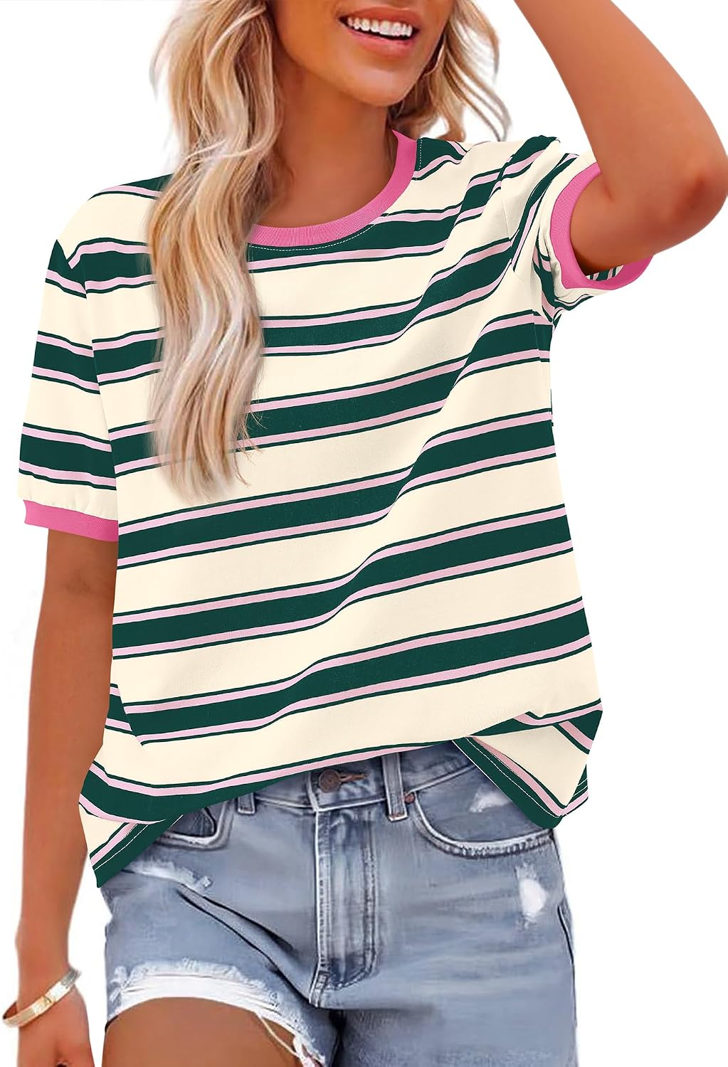 Women’s Lightweight Striped T-Shirt – Casual Crewneck Short Sleeve Top for Spring & Summer