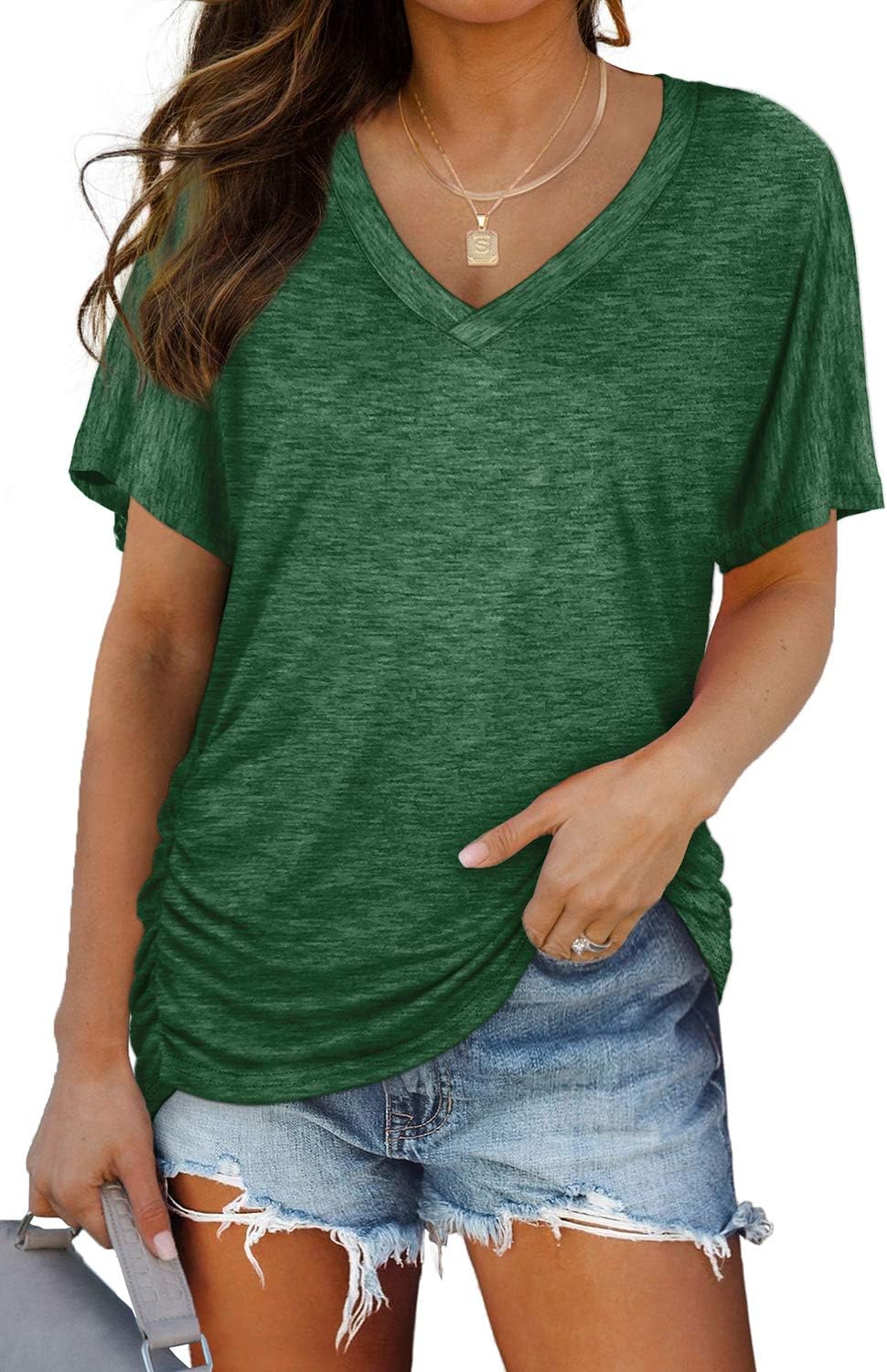 Womens Summer T-Shirts Short Sleeve V Neck Dolman Tops with Side Shirring Loose Fit Shirts Spring Fashion
