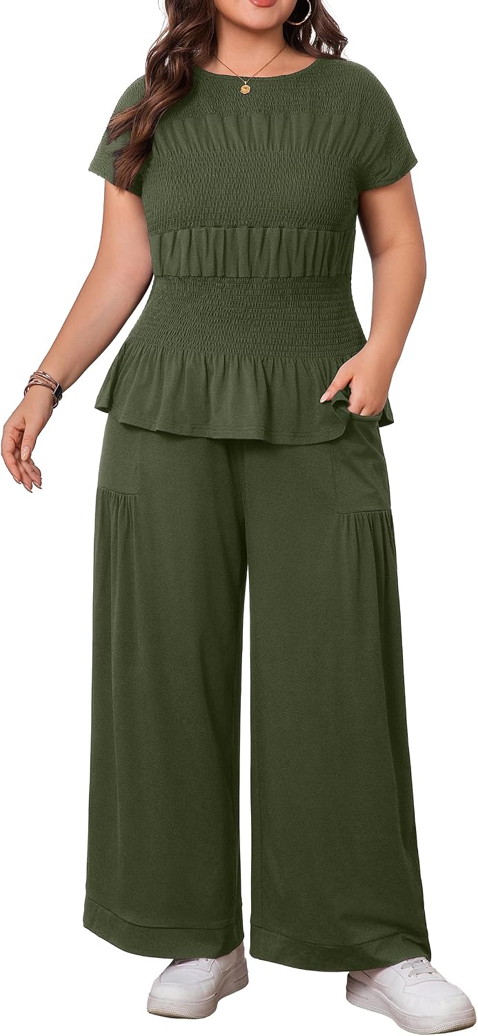 Women’s Casual Smocked Two-Piece Outfit – Relaxed Short Sleeve Top with Convenient Pockets
