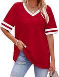 Womens T Shirts Loose Fit Short Sleeve Tees V Neck Color Block Summer Tops  Fashion