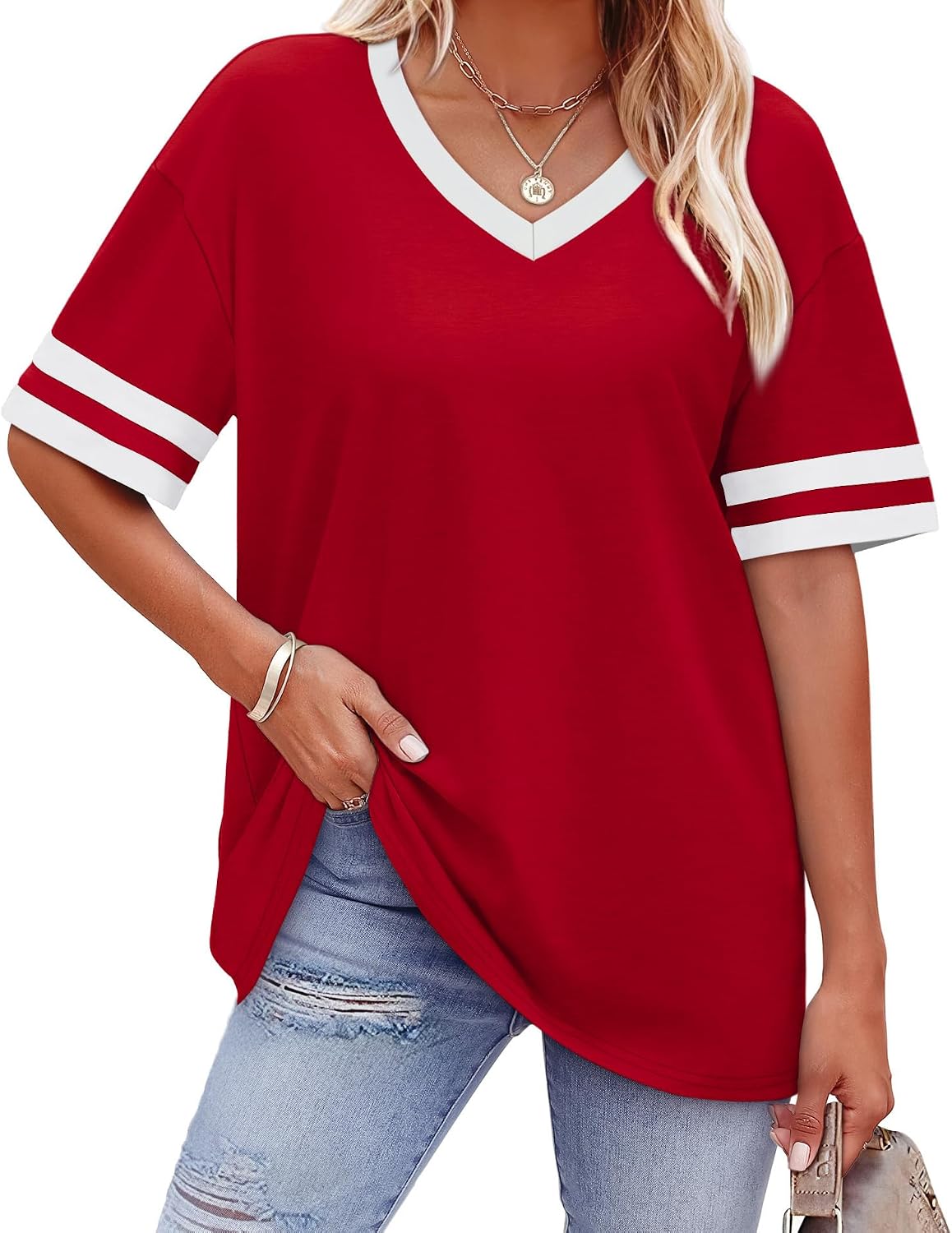 Womens T Shirts Loose Fit Short Sleeve Tees V Neck Color Block Summer Tops  Fashion
