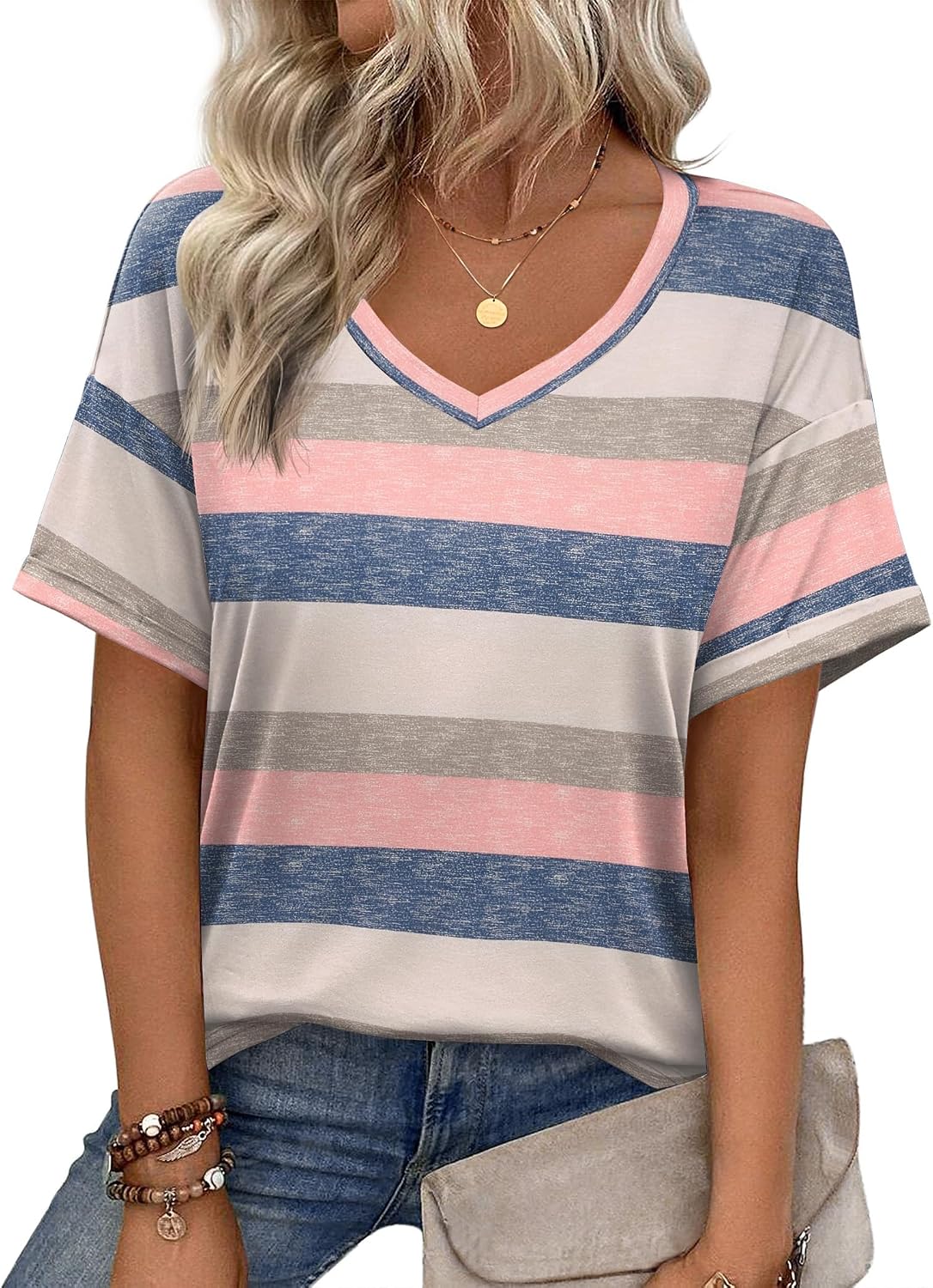 Women’s Casual Striped Printed Top – Relaxed Short Sleeve Shirt for Everyday Wear