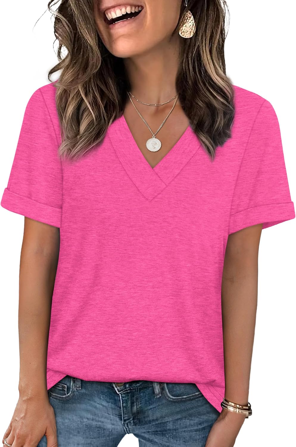 Womens Summer Tops Short Sleeve Basic Casual V Neck T Shirts Trendy Fashion